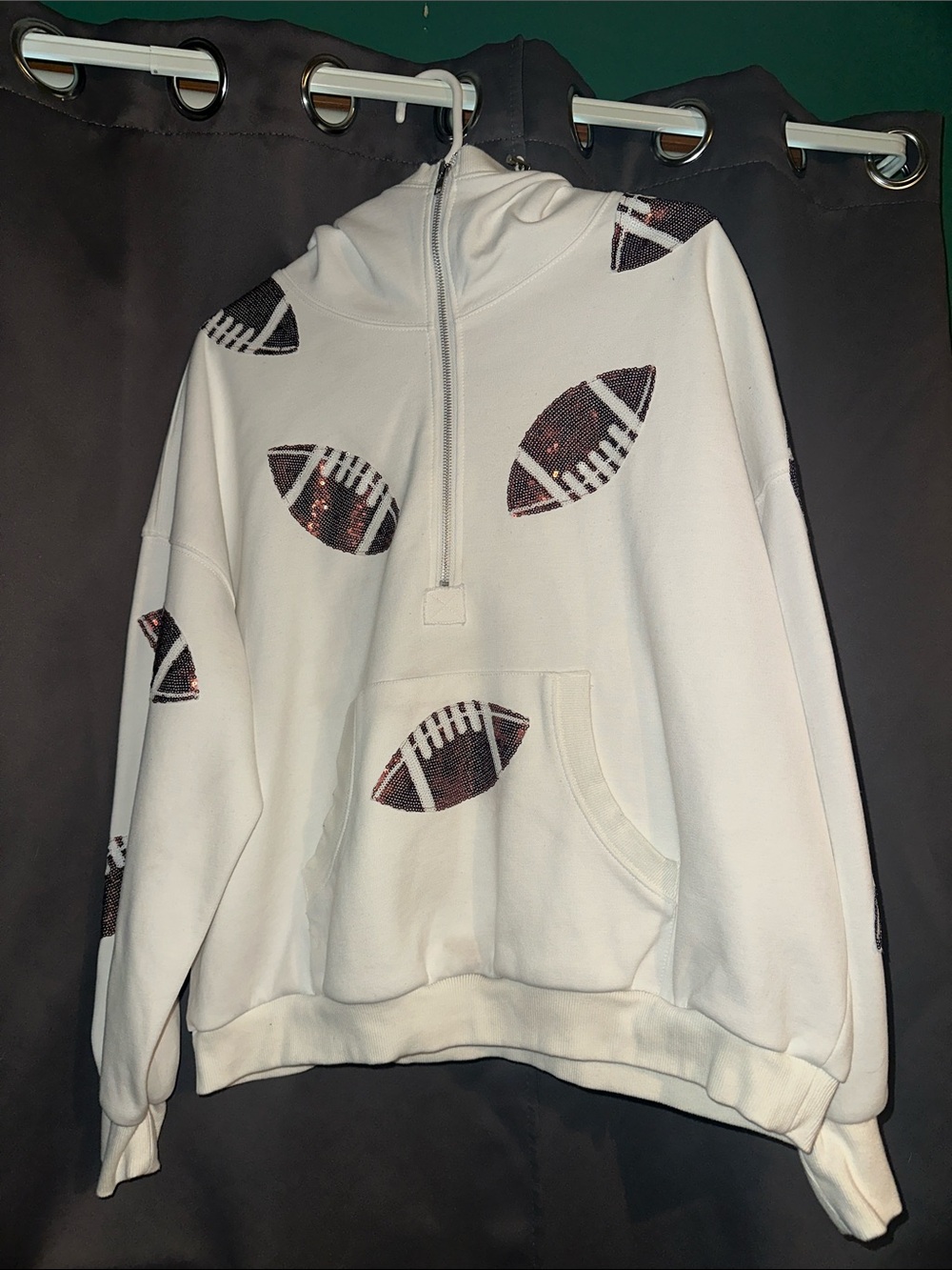 White Half-Zip Hoodie with Sequin Football